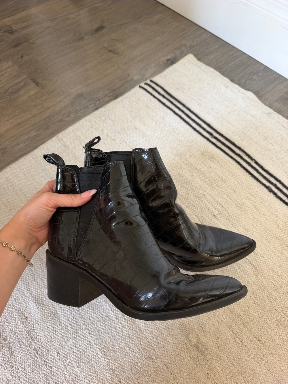 Steve Madden Black Croc-Embossed Pointed Ankle Booties